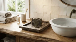 Nourishing goat milk soap for dry skin placed on a slatted wooden dish