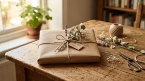 Handmade goat milk soap for dry skin wrapped in brown craft paper with twine and lavender sprigs