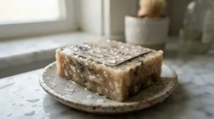 Organic goat milk soap for dry skin glistening with fresh water droplets after use