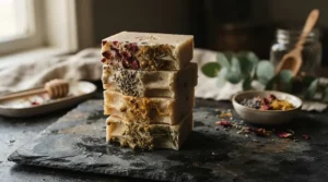 An organic hot process soap gift set decorated with dried rose petals and chamomile flowers.