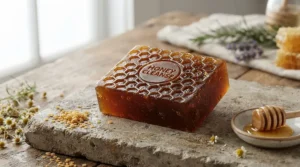 Propolis honey soap bar featuring a detailed honeycomb texture on the surface
