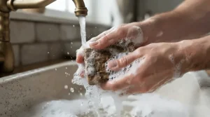 Hands creating a rich lather with a raw honey handmade soap bar under running tap water