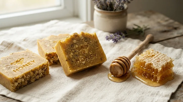 A relaxing hot process soap gift set featuring honey-coloured cleansing bars and a honey dipper.