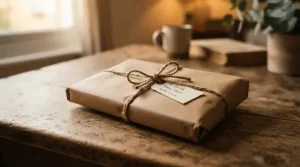 Traditional goat milk soap bar wrapped in brown craft paper with twine
