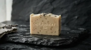 A pure unscented goat milk soap bar displayed on a dark grey natural slate tile
