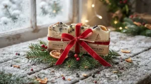 A winter hot process soap gift set tied with a festive ribbon and pine tree sprigs.