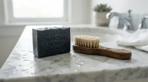 An activated charcoal grooming gift set arranged elegantly on a white marble countertop.