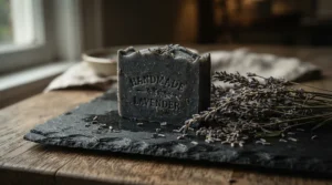 A luxury charcoal soap gift set neatly displayed on a dark slate surface, perfect for everyday skincare routines.