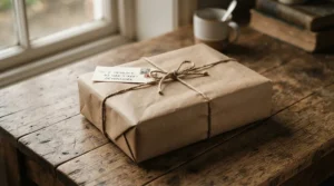 A wrapped charcoal soap gift set tied with brown paper and rustic twine on a wooden table.