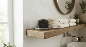 Natural coal tar soap for psoriasis stored neatly on a wooden bathroom shelf