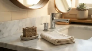 Morning skincare routine featuring coal tar soap for psoriasis by the washbasin