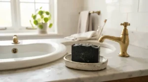 A dark coal tar soap for psoriasis resting on a ceramic dish by a British bathroom sink