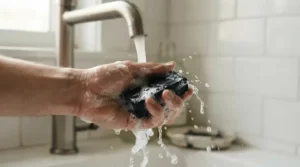 Lathering a medicated soap bar for psoriasis under warm running tap water