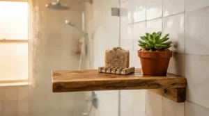 Dermatologically tested soap for eczema displayed neatly on a minimalist wooden shower shelf.