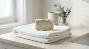 A gentle eczema soap bar displayed neatly on a flannel towel for sensitive skincare