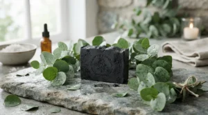 A detox beauty gift set featuring a dark cleansing soap bar accompanied by fresh eucalyptus leaves.
