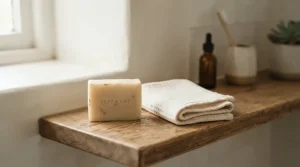 Unscented, dye-free and fragrance-free soap bar placed beside a folded waffle-weave cotton flannel.