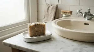 An eczema soap bar resting on a clean white ceramic dish in a modern British bathroom