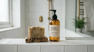 An eczema soap bar placed alongside a liquid emollient wash bottle on a tiled ledge