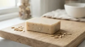 Essential oil-free soap bar shown with natural oat flakes sprinkled around the wooden tray.