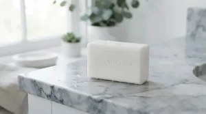 Hypoallergenic fragrance-free soap bar displayed on a clean marble surface with natural daylight.
