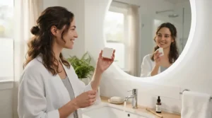 A versatile fragrance-free soap bar being held ready for a daily morning cleansing routine.