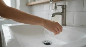 A person gently rinsing foam from their forearm after using a fragrance-free soap bar.