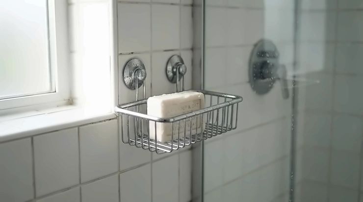 A fragrance-free soap bar resting inside a wire shower caddy against white tiled walls.