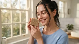 Versatile soap for eczema on face and body held by a person in a calm morning routine.