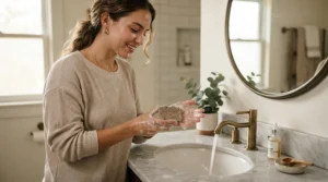 A person carefully holding an eczema soap bar beside a porcelain bathroom sink