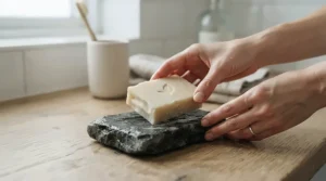 Hydrating soap for eczema being placed into a soap dish during a morning bathroom routine.