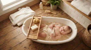 A mild hypoallergenic soap bar for kids resting beside a baby bath tub during an evening routine