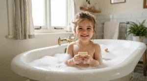 A happy child playing with bubbles using a hypoallergenic soap bar for kids in a home bathroom