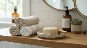 A neat display of a hypoallergenic soap bar for kids on a bathroom shelf next to washcloths