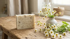 A natural hypoallergenic soap bar for kids decorated with delicate botanical leaf illustrations