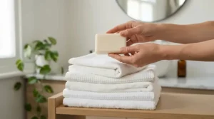A hypoallergenic soap bar for kids formulated for delicate skin held over a fluffy towel
