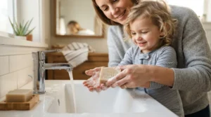 A gentle hypoallergenic soap bar for kids being used to wash a toddler hands at a washbasin
