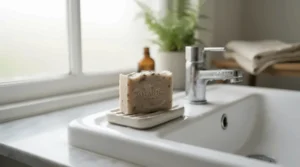A bar of hypoallergenic soap for sensitive skin resting on a white ceramic basin