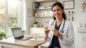 Dermatologist recommending hypoallergenic soap for sensitive skin in a clinic