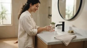 Person soothing irritated hands using hypoallergenic soap for sensitive skin