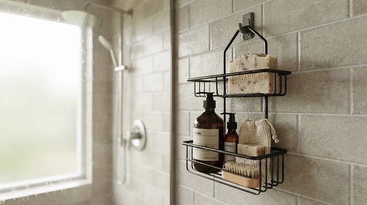 Family bathroom shelf stocked with hypoallergenic soap for sensitive skin