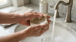 Hands lathering hypoallergenic soap for sensitive skin under running tap water