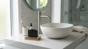 A men's natural grooming gift set placed by a modern bathroom sink ready for daily use.