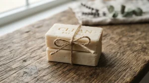 A neat stack of pure fragrance-free soap bars wrapped minimally in recycled brown paper.