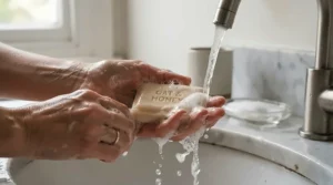 A person gently washing dry hands with an eczema soap bar under running warm water