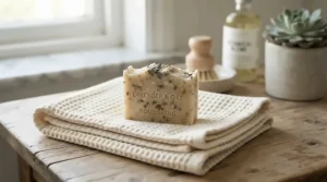 A moisturising soap for psoriasis and dry skin placed next to a soft cotton towel.