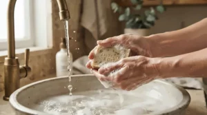 Creating a rich lather with a nourishing soap for psoriasis during an evening wash.