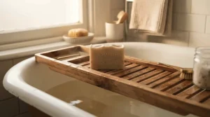 A fragrance-free soap for psoriasis sitting on a wooden bath tray for sensitive skin care.