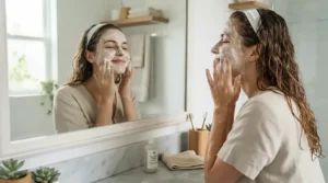 Someone using a specialist soap for rosacea during their morning skincare routine