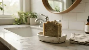 A gentle soap for rosacea resting beside a basin in a bright British bathroom